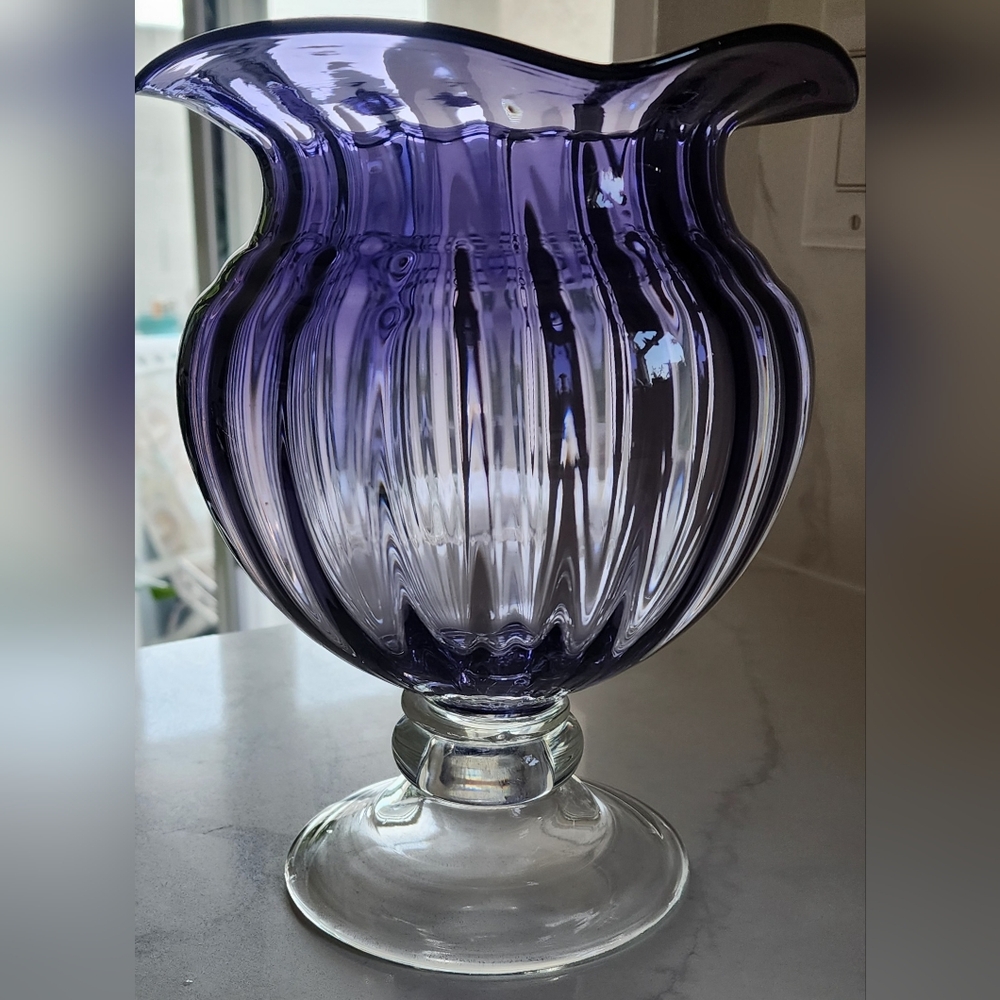 Retro MCM Large Purple Art Glass‎ Ruffle Fluted Vase